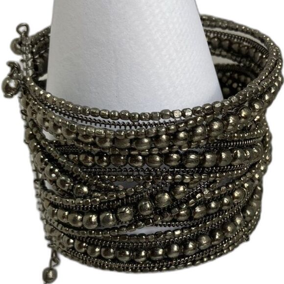 CLEOPATRA Vintage Copper Layered Beaded Braided Blingy Stretch Cuff Bracelet - Picture 7 of 12
